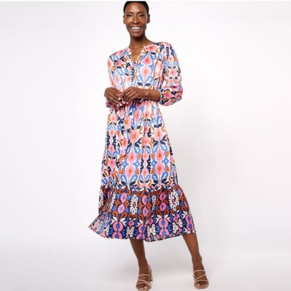 New Destination 365 Floral Boho Button Up Belted Puff Sleeve Midi Dress